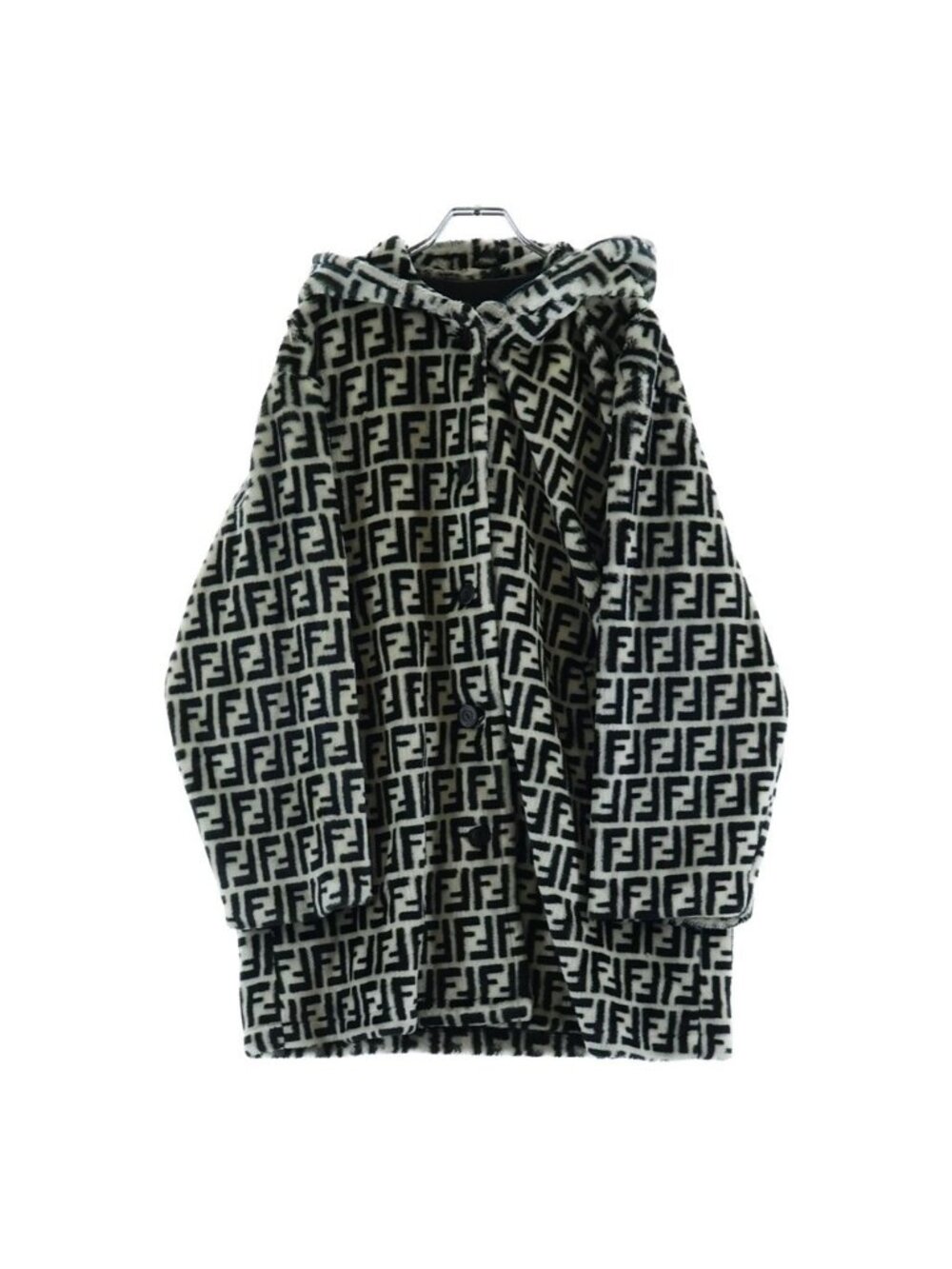 Fendi Zucca All Over Print Acrylic Fur Hooded Long Coat White Black Jacket